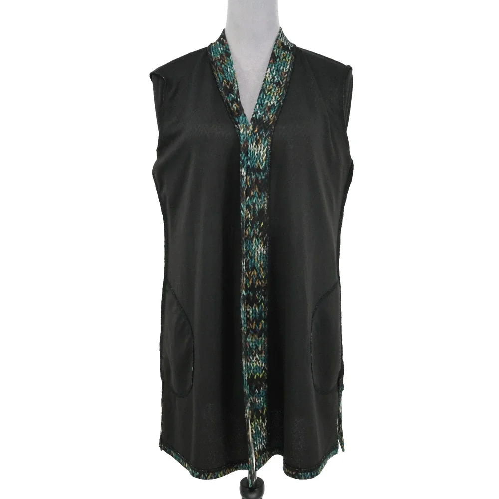 Susan Graver Sweater Womens Medium Green Black Stretch Knit Open Cardigan